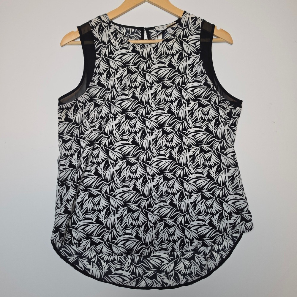 Chaus New York Tropical Leaf Print Sleeveless Blouse Black White Size Medium